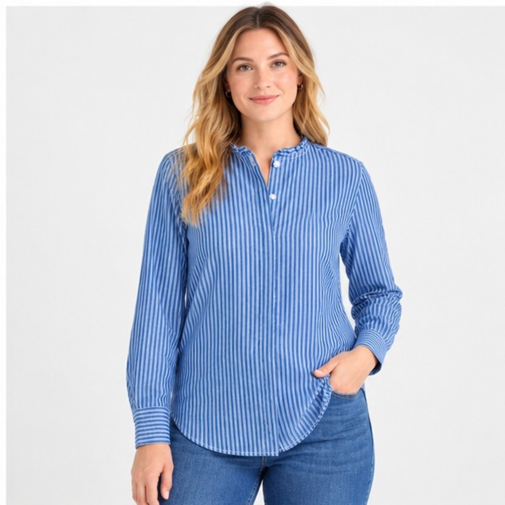 Free Assembly Womens Top Size XL Blue Stripe Ruffle Neck Long Sleeve Cotton Knit